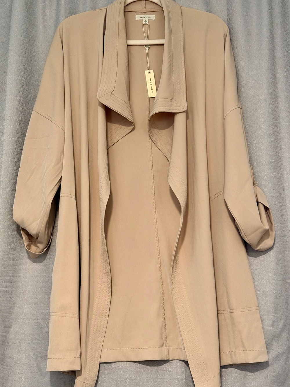 Max Studio NWT Latte Draped Open Front Jacket Women’s XL Roll Tab Sleeves